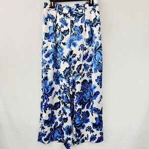 Christian Lacroix White and Blue Floral Print Wide Leg Pant size Medium